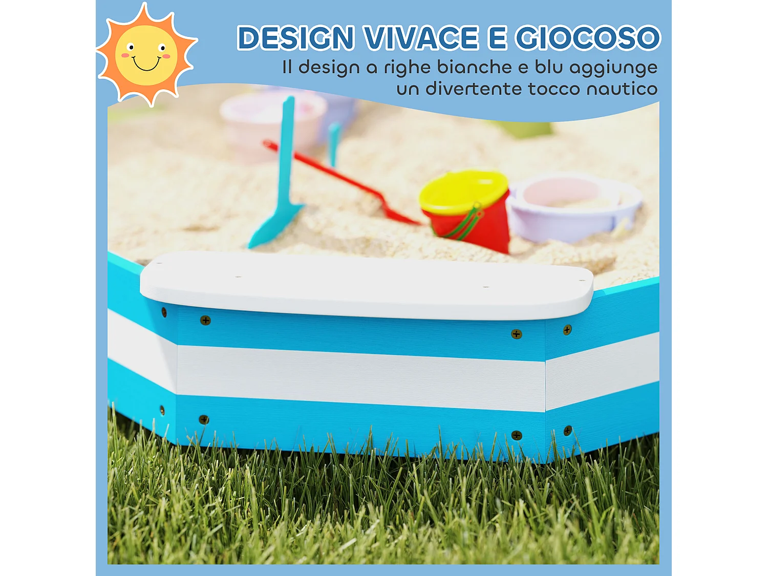 Sabbiera per bambini 3-6 anni con sedute angolari in legno blu