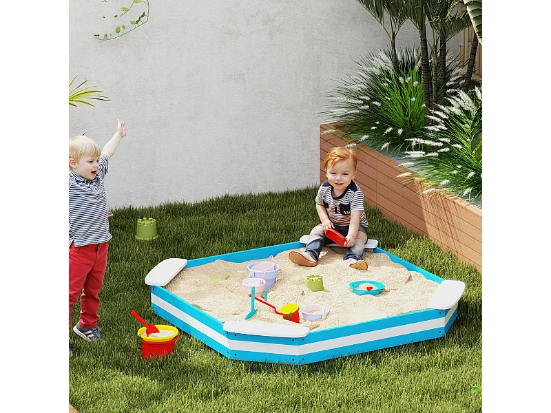 Sabbiera per bambini 3-6 anni con sedute angolari in legno blu