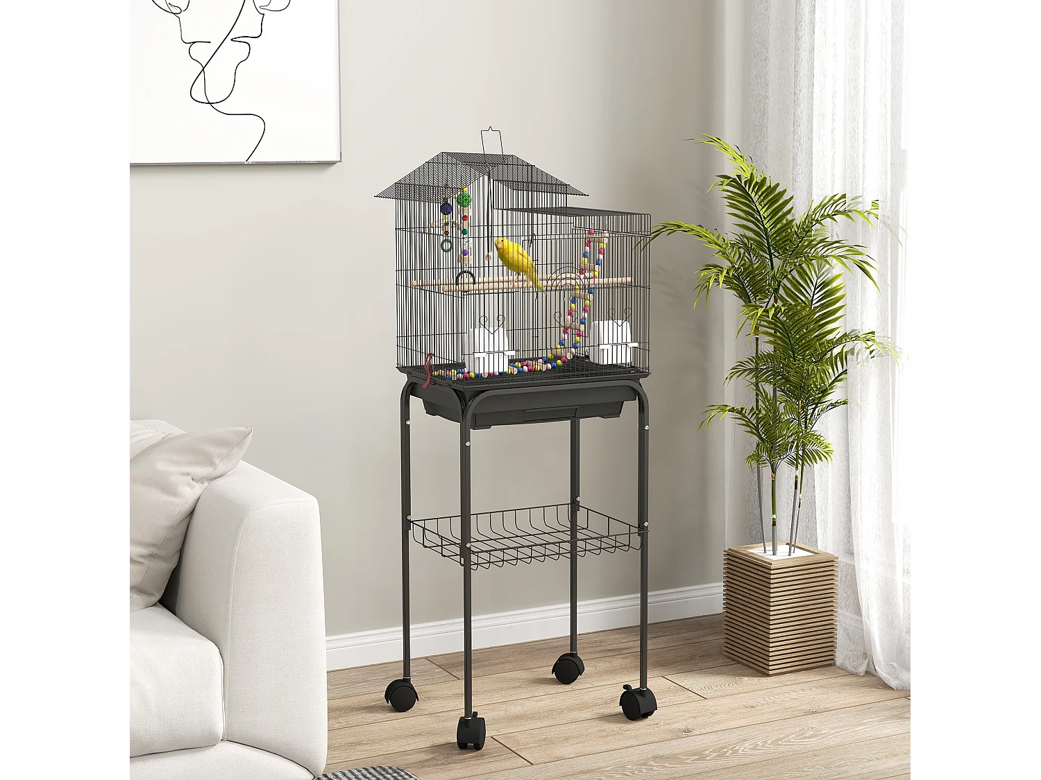 Gabbia per uccelli con piedistallo e ruote, ripiano e accessori nero