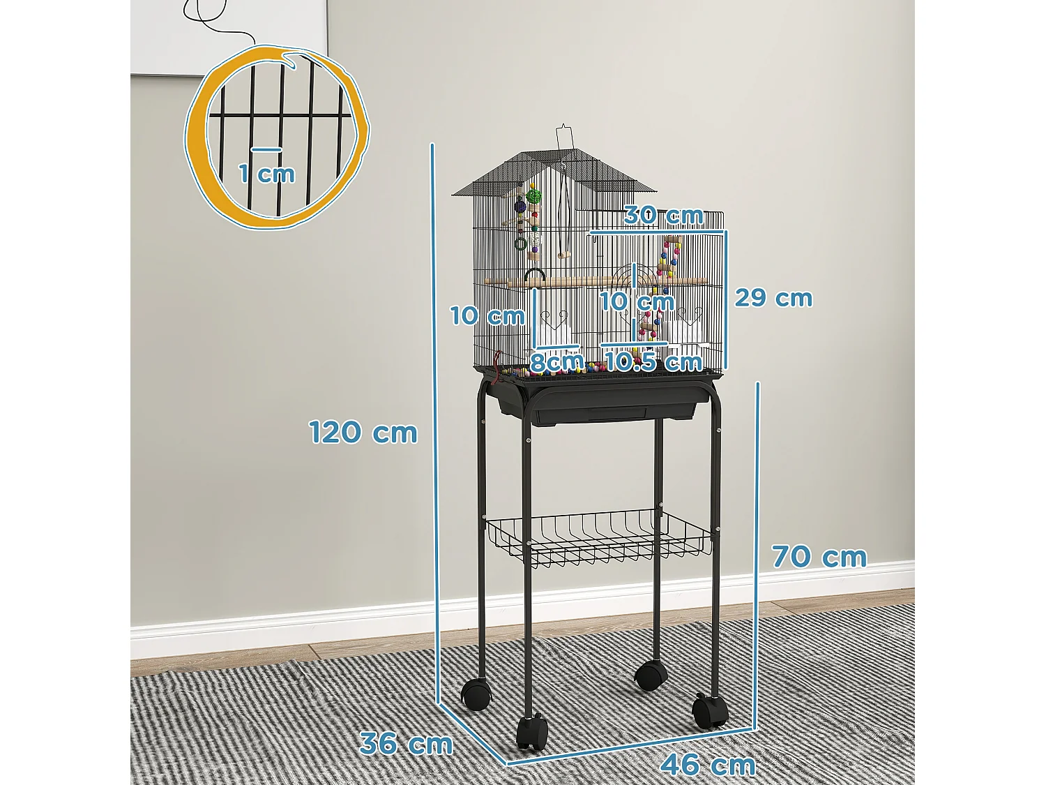 Gabbia per uccelli con piedistallo e ruote, ripiano e accessori nero