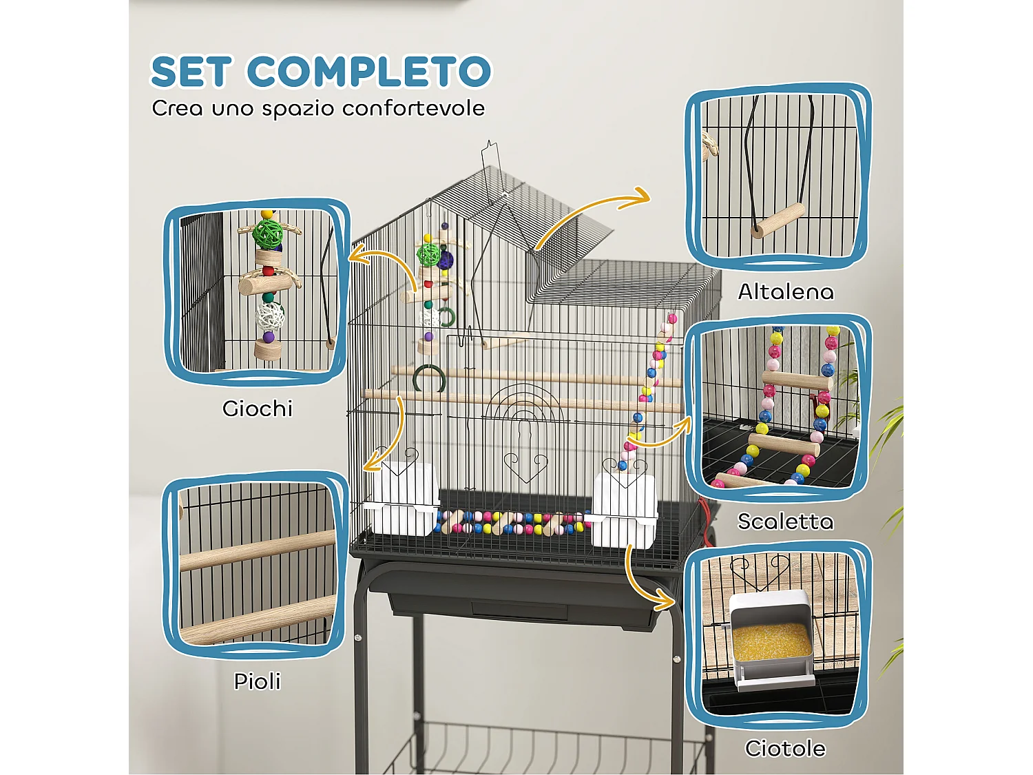Gabbia per uccelli con piedistallo e ruote, ripiano e accessori nero
