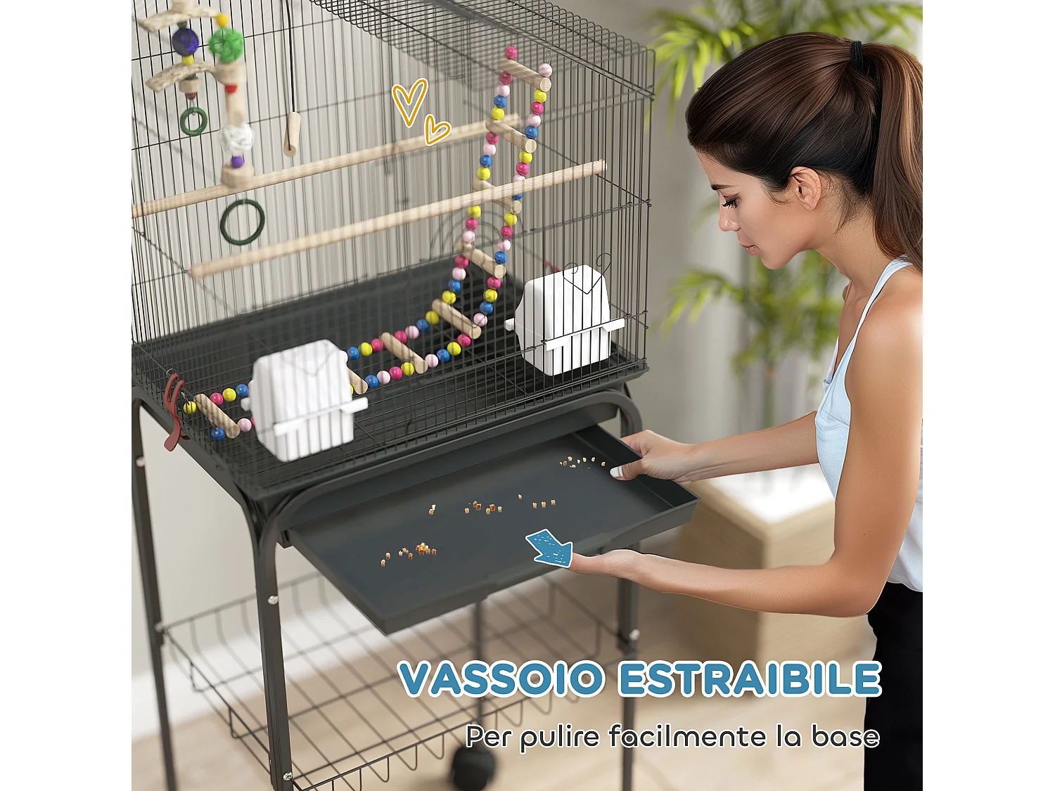 Gabbia per uccelli con piedistallo e ruote, ripiano e accessori nero