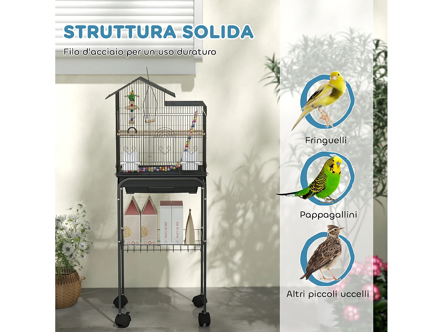 Gabbia per uccelli con piedistallo e ruote, ripiano e accessori nero