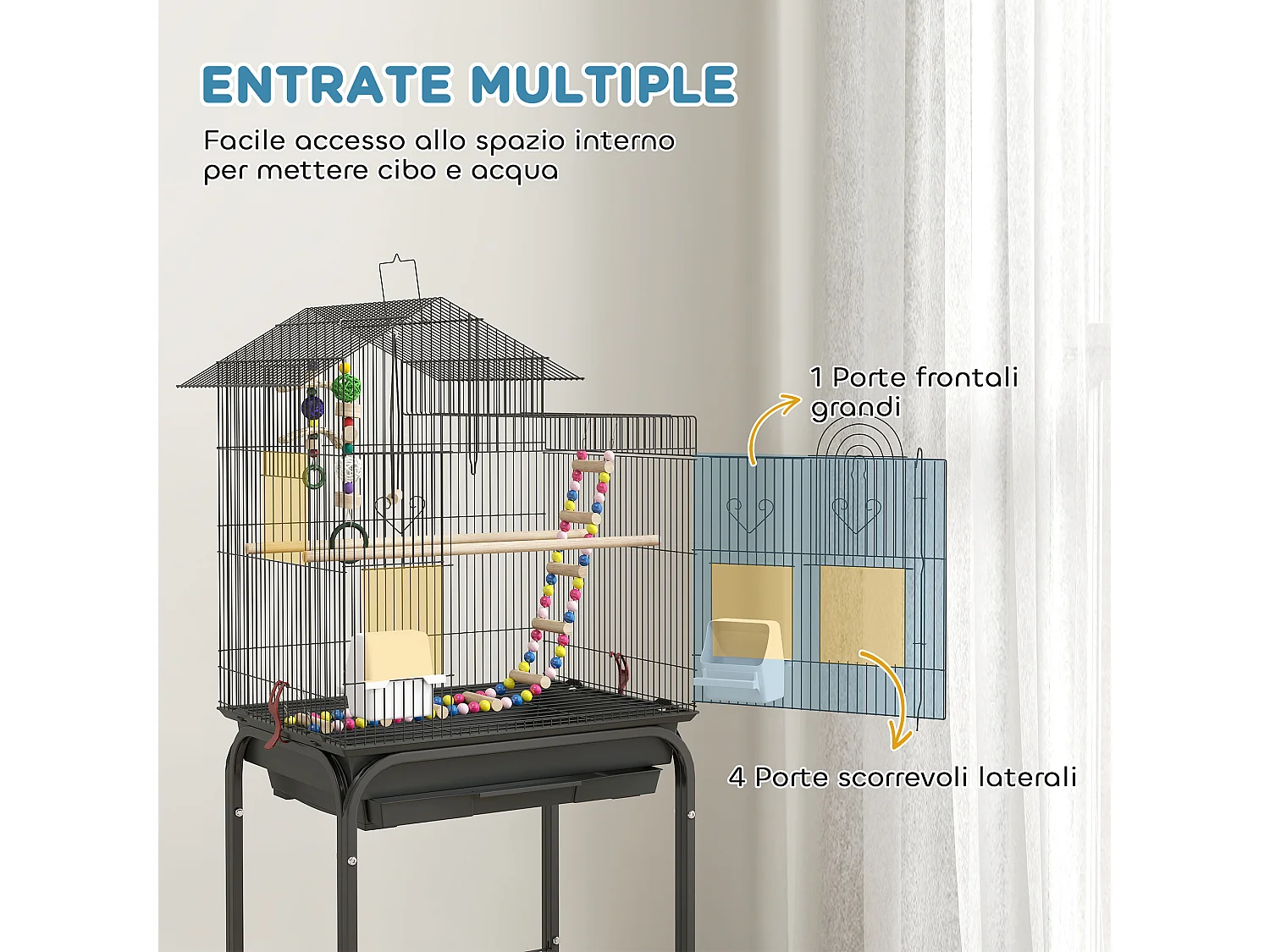 Gabbia per uccelli con piedistallo e ruote, ripiano e accessori nero