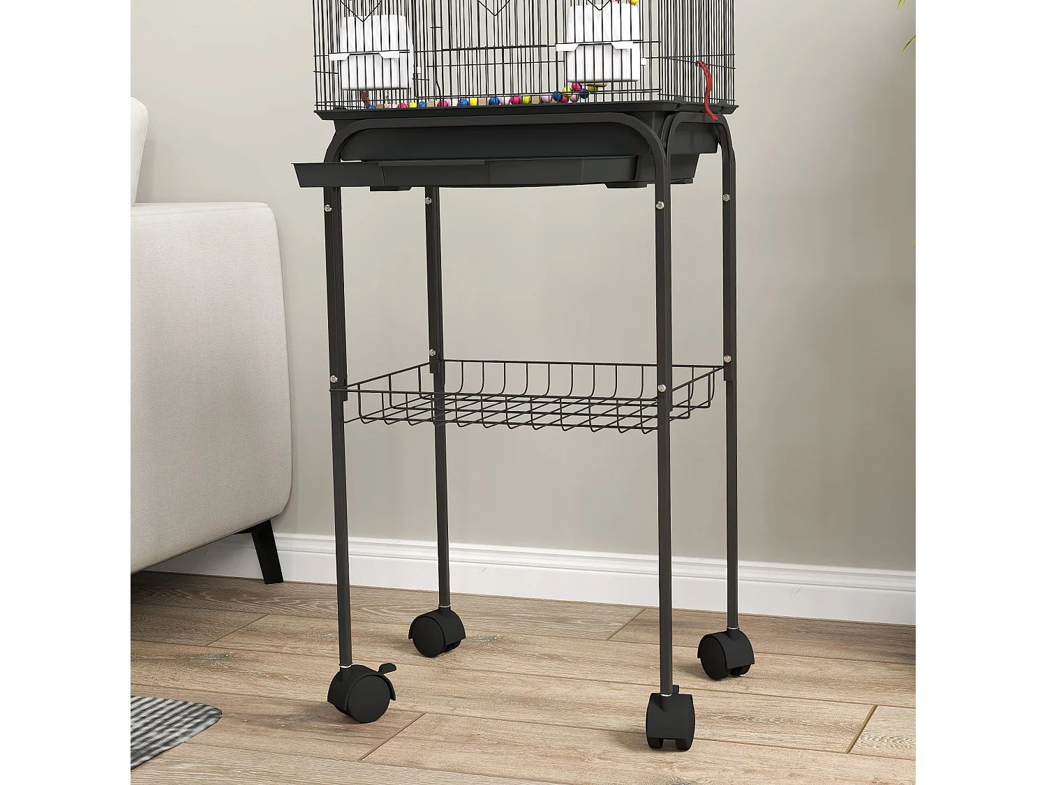 Gabbia per uccelli con piedistallo e ruote, ripiano e accessori nero