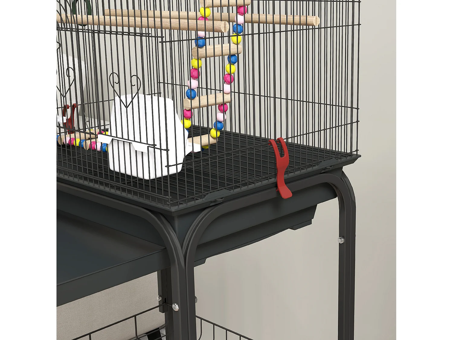 Gabbia per uccelli con piedistallo e ruote, ripiano e accessori nero