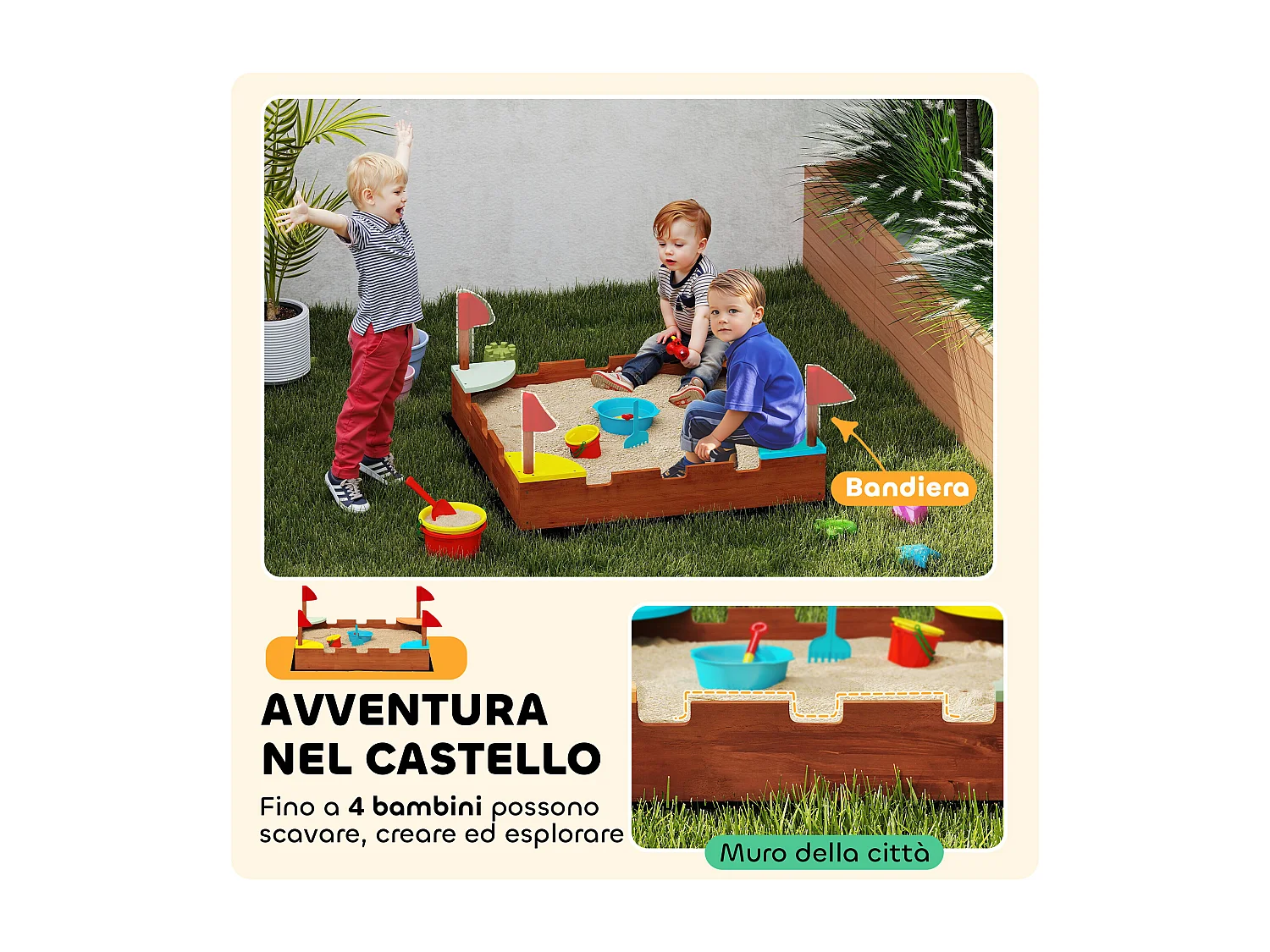 Sabbiera per bambini 3-7 anni a forma di castello in legno di abete