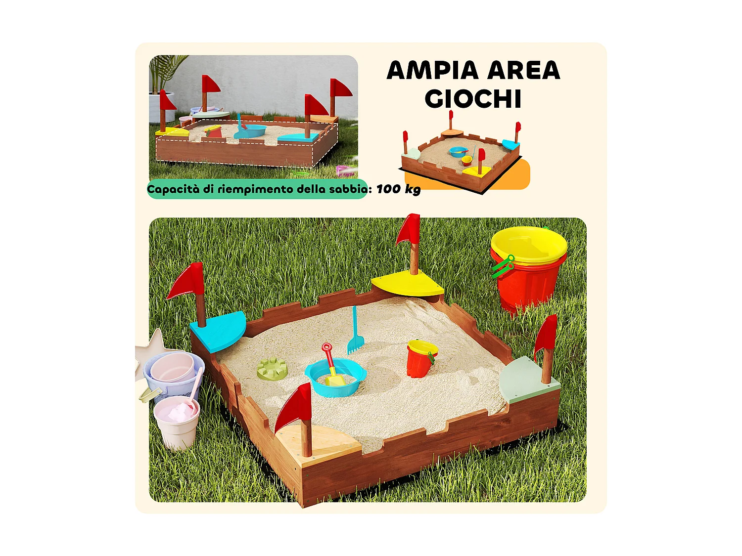 Sabbiera per bambini 3-7 anni a forma di castello in legno di abete