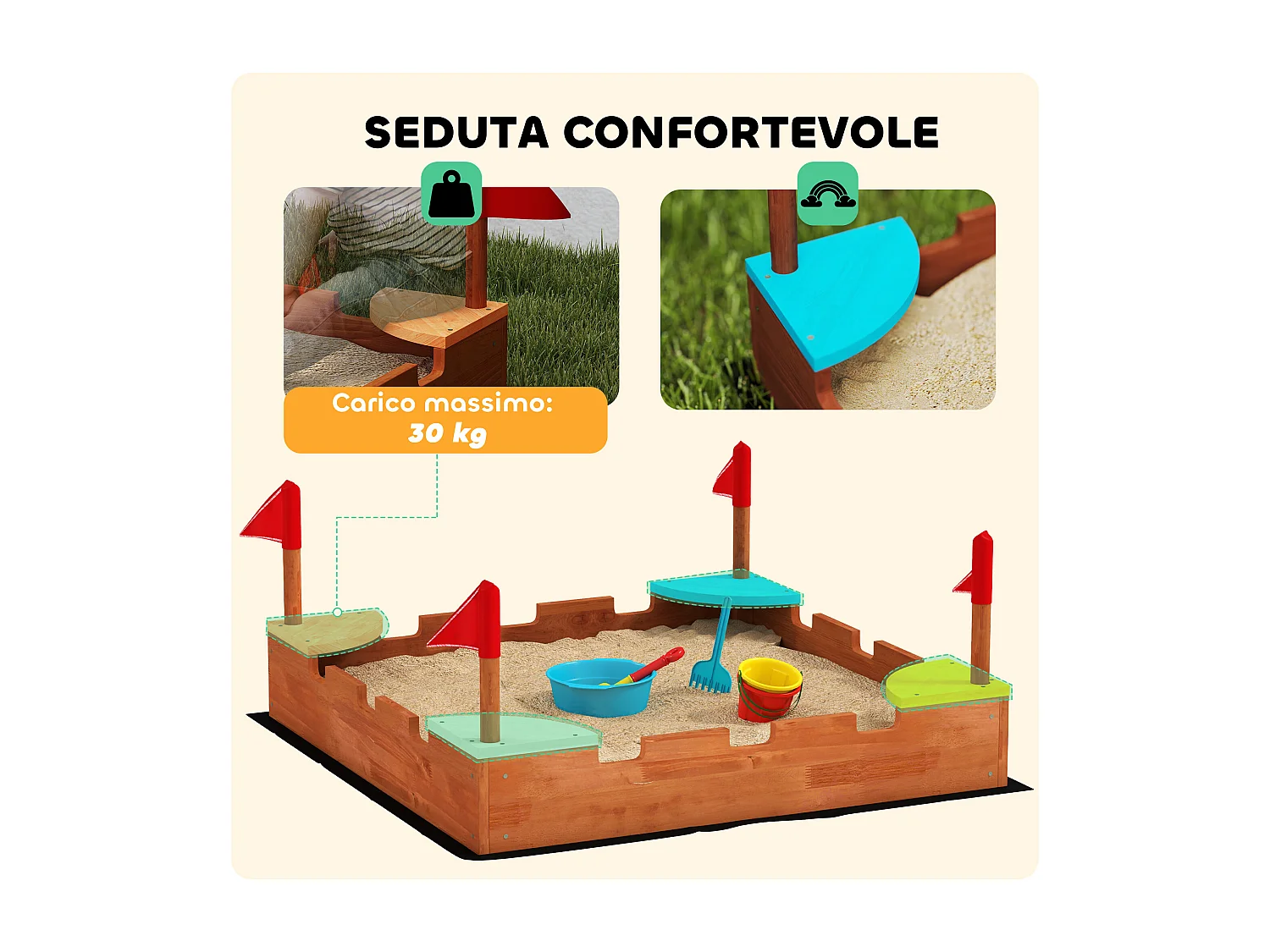 Sabbiera per bambini 3-7 anni a forma di castello in legno di abete