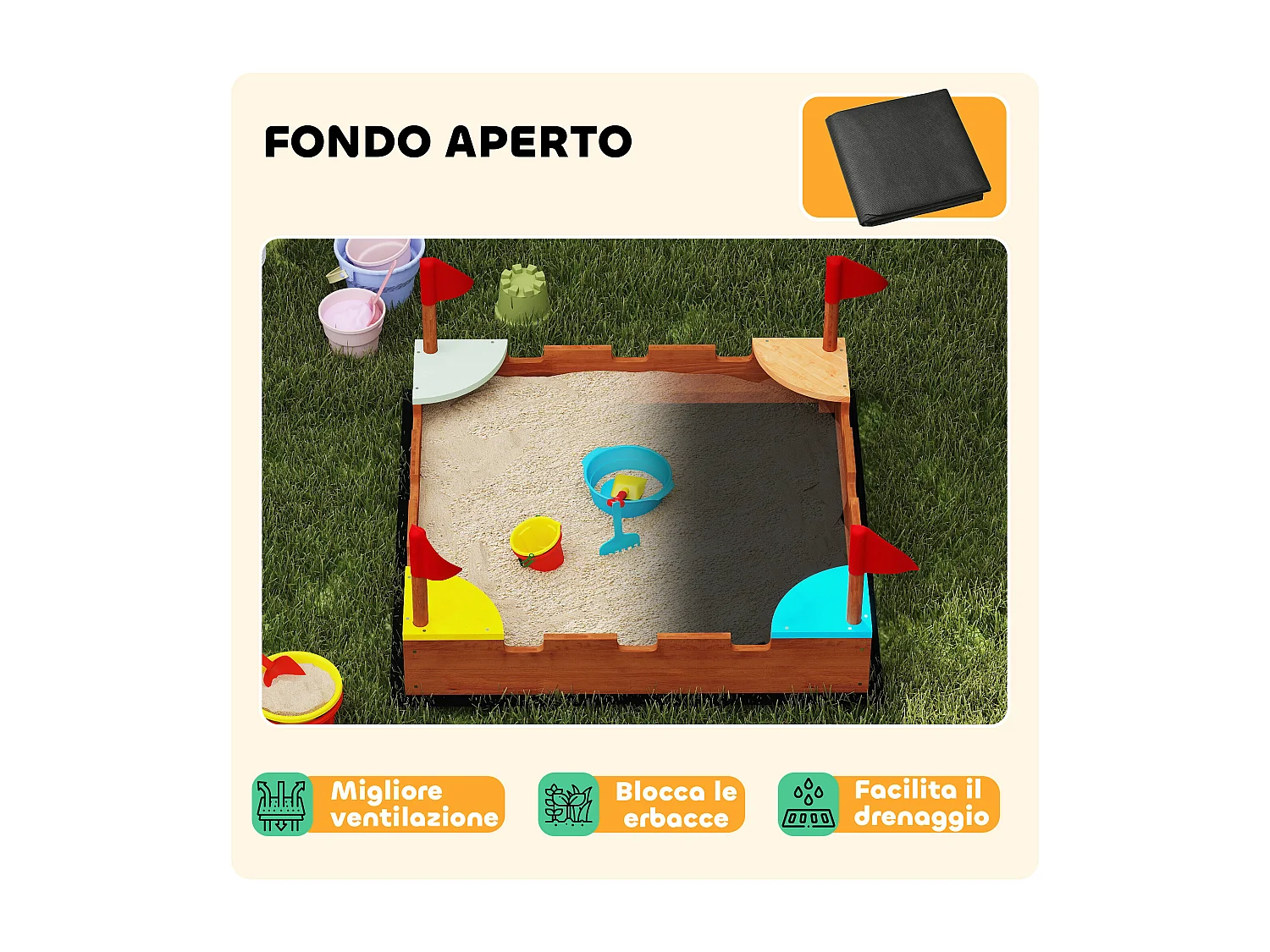 Sabbiera per bambini 3-7 anni a forma di castello in legno di abete