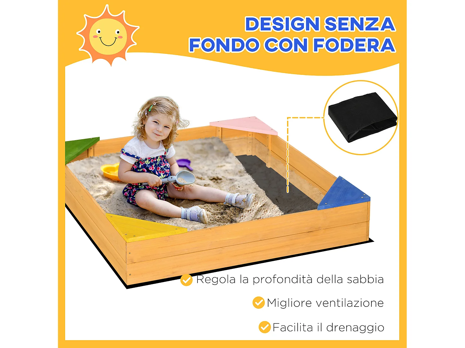 Sabbiera per bambini 4 posti in legno di abete con fodera