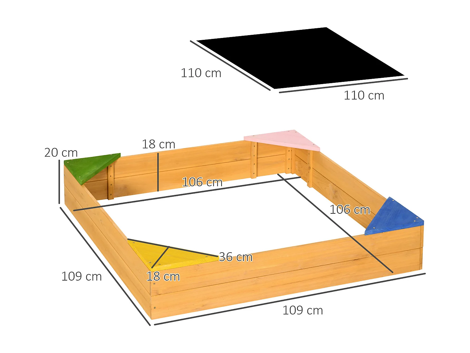 Sabbiera per bambini 4 posti in legno di abete con fodera
