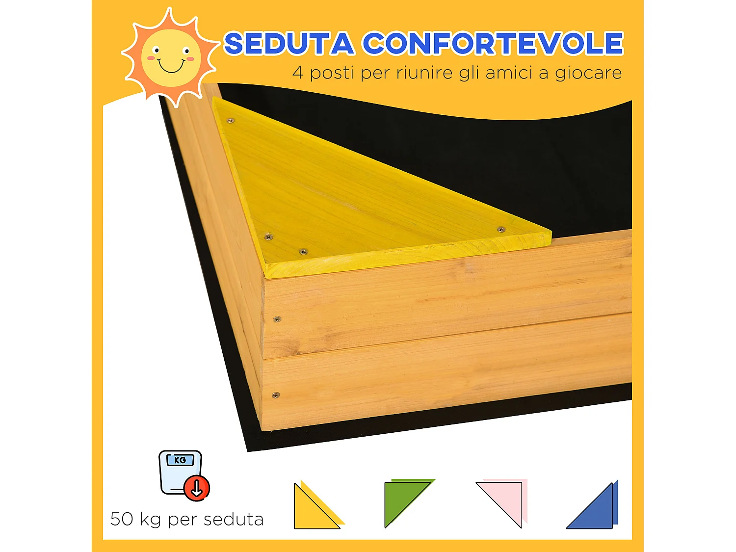 Sabbiera per bambini 4 posti in legno di abete con fodera