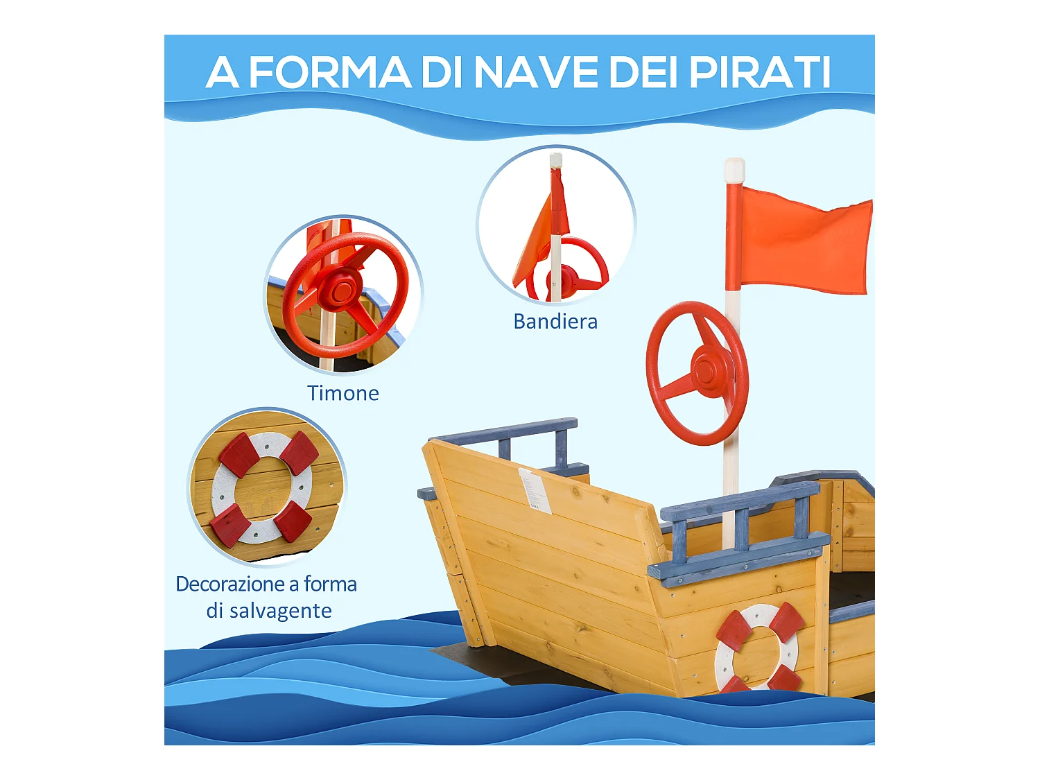 Sabbiera per bimbi in legno nave dei pirati vano contenitore