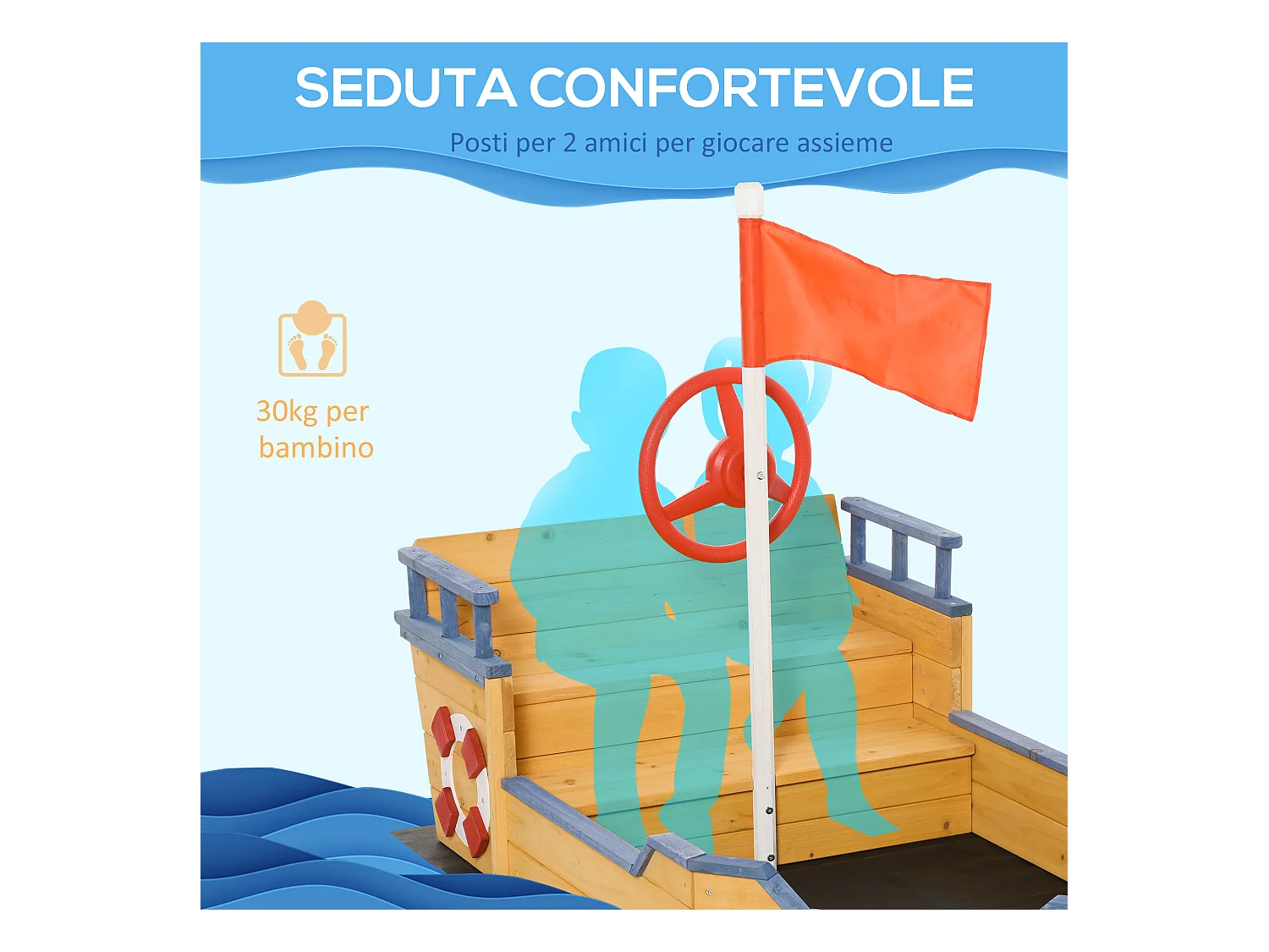 Sabbiera per bimbi in legno nave dei pirati vano contenitore