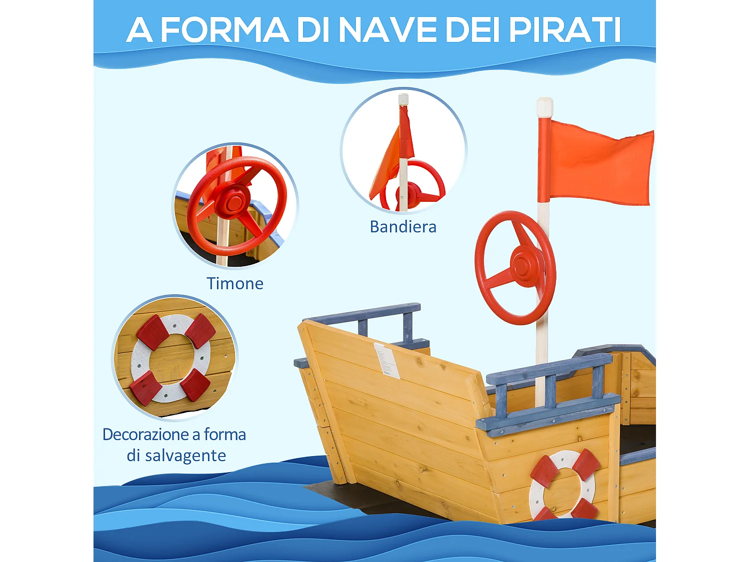 Sabbiera per bimbi in legno nave dei pirati vano contenitore