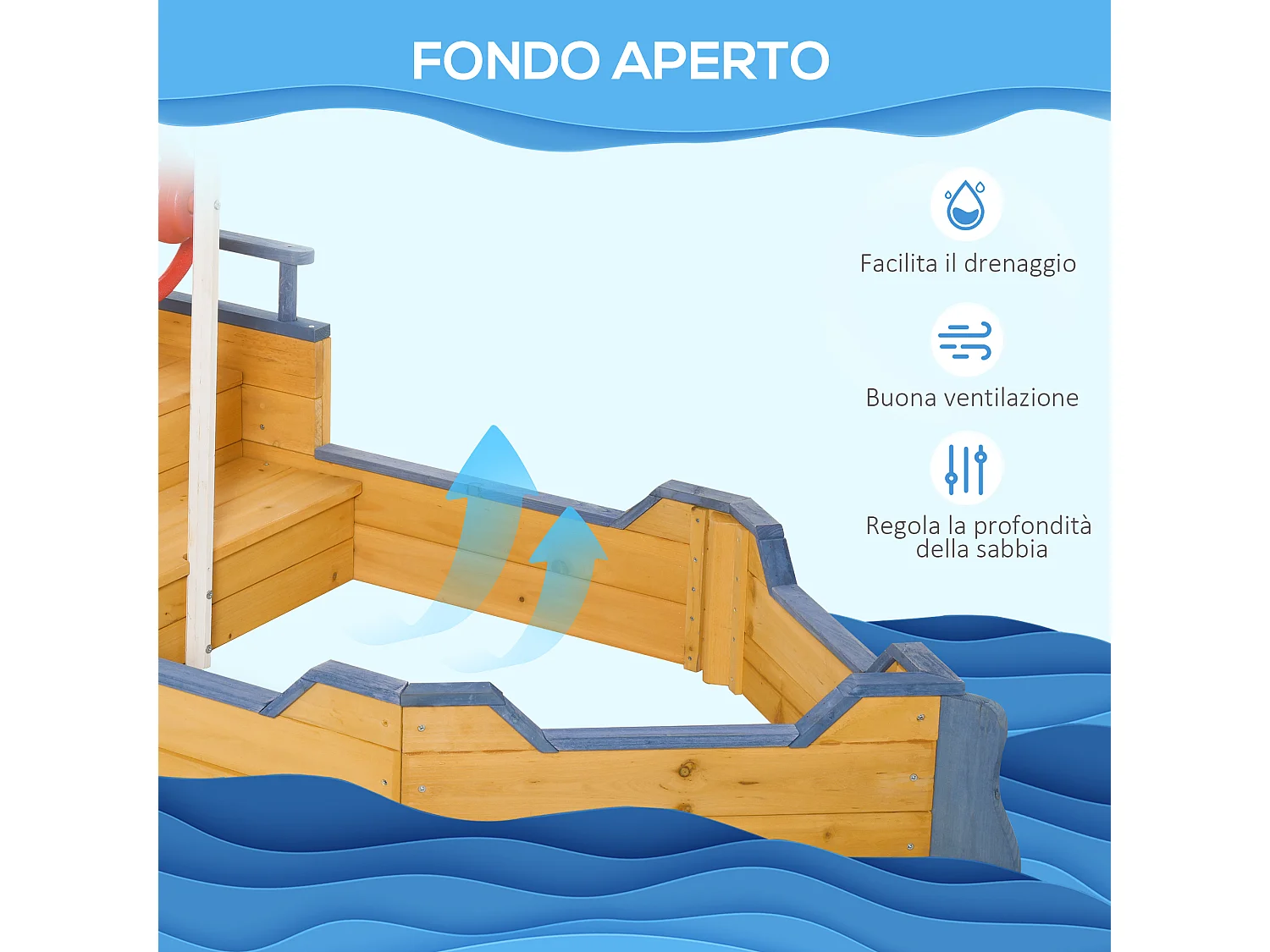 Sabbiera per bimbi in legno nave dei pirati vano contenitore