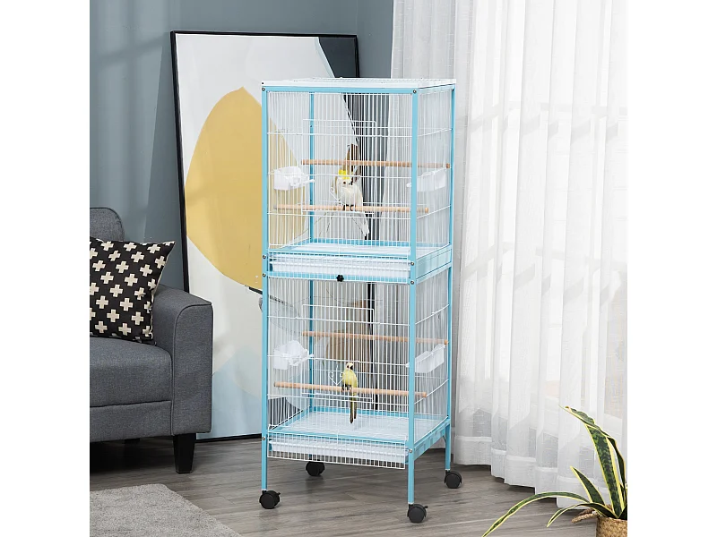 Gabbia per uccelli 2 in 1 per interni 4 ruote e vassoi estraibili
