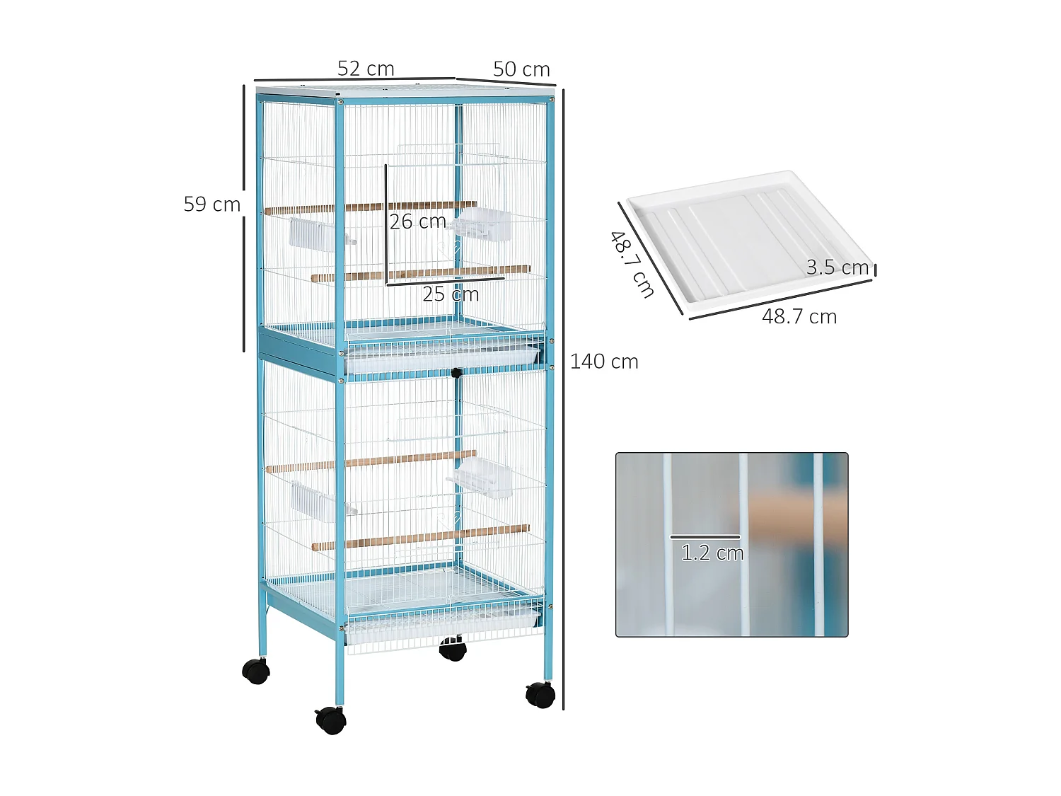 Gabbia per uccelli 2 in 1 per interni 4 ruote e vassoi estraibili