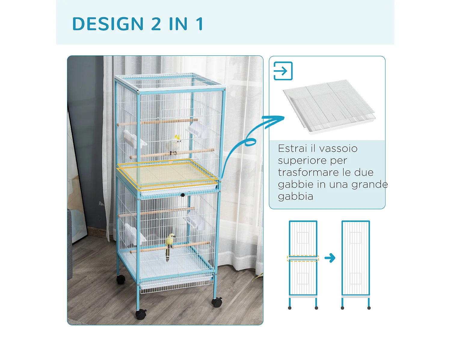 Gabbia per uccelli 2 in 1 per interni 4 ruote e vassoi estraibili