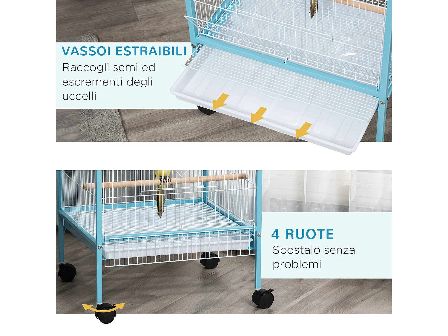 Gabbia per uccelli 2 in 1 per interni 4 ruote e vassoi estraibili