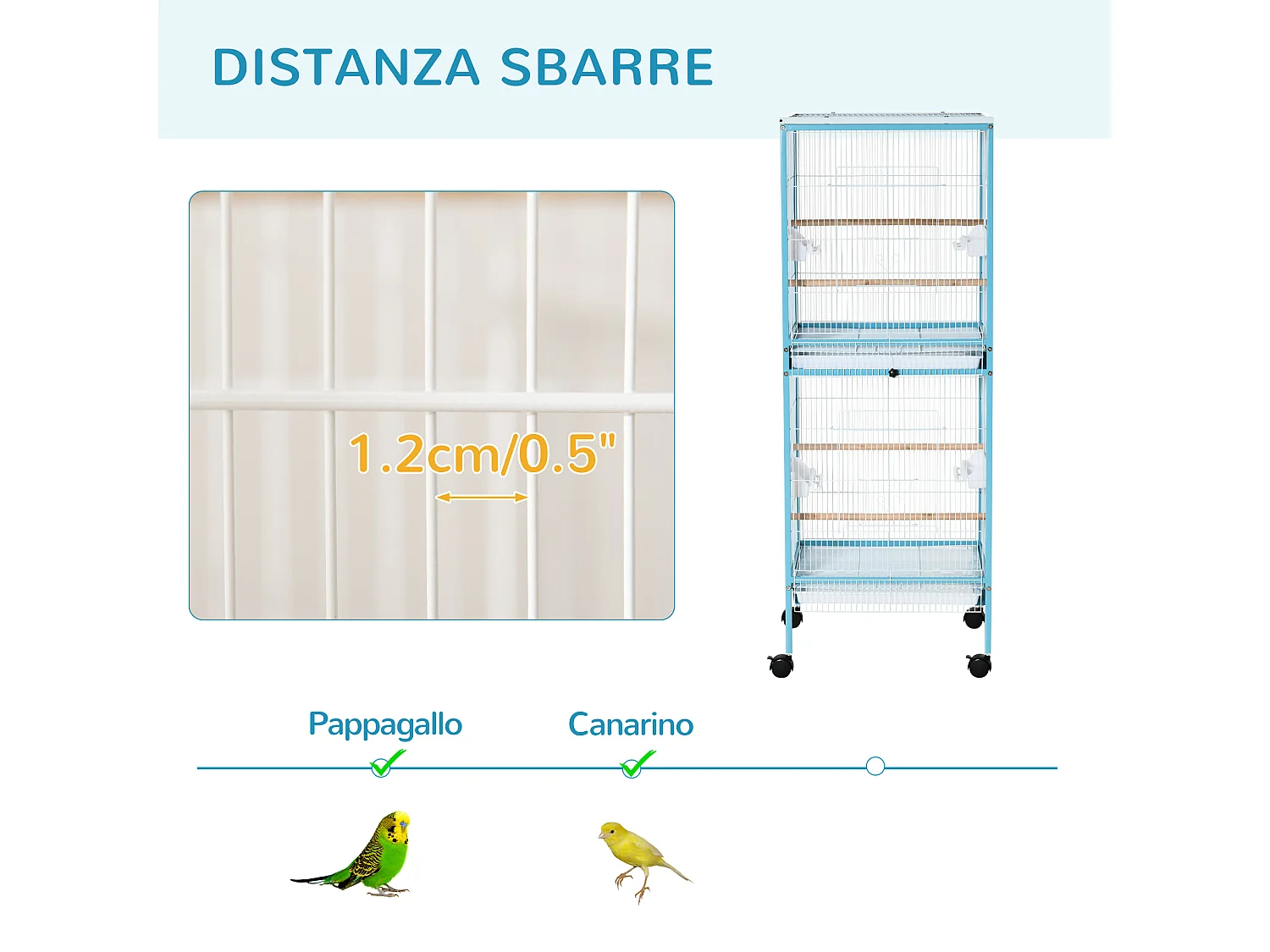 Gabbia per uccelli 2 in 1 per interni 4 ruote e vassoi estraibili