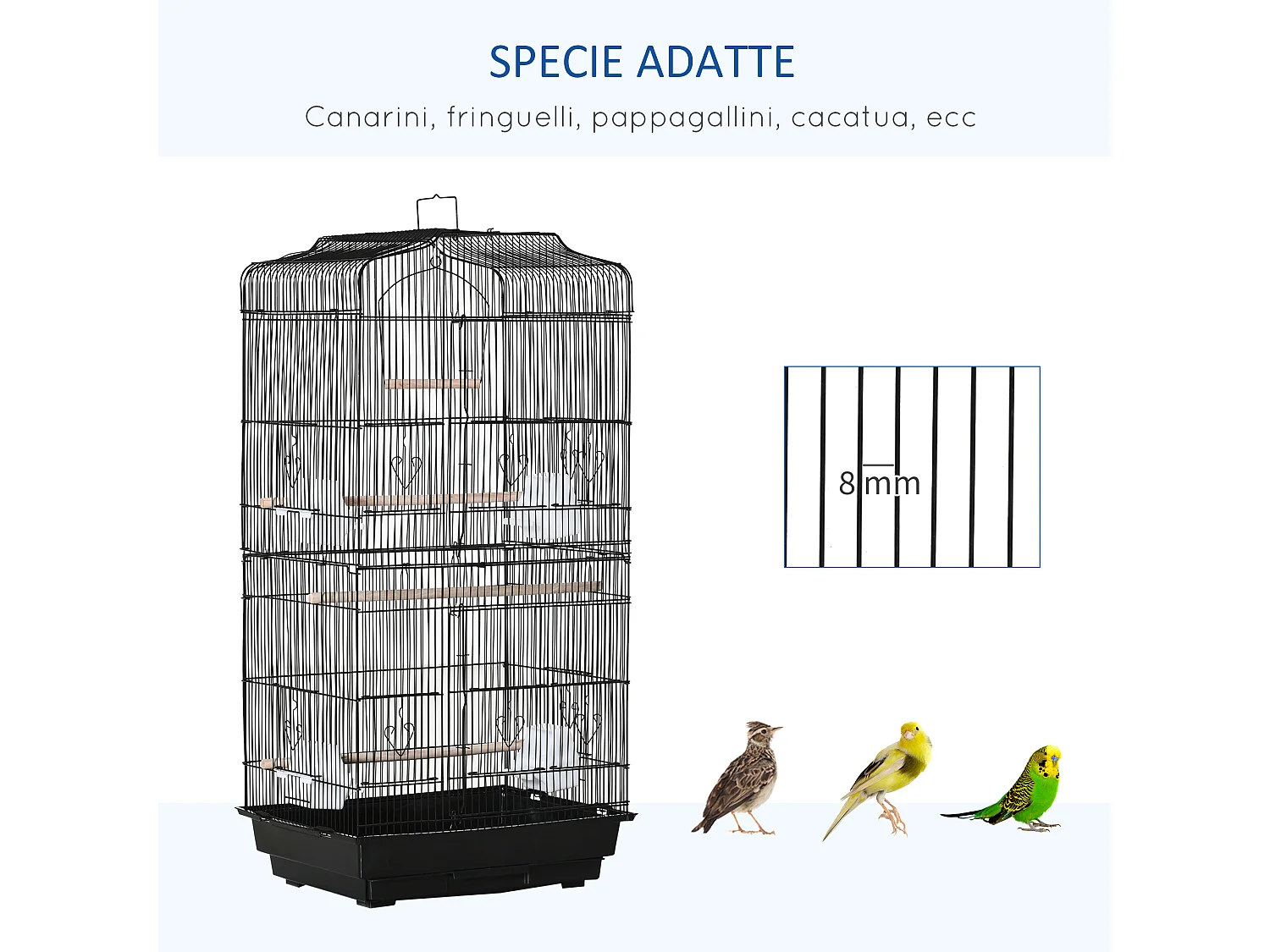 Gabbia per uccelli con trespoli e altalena in metallo e plastica