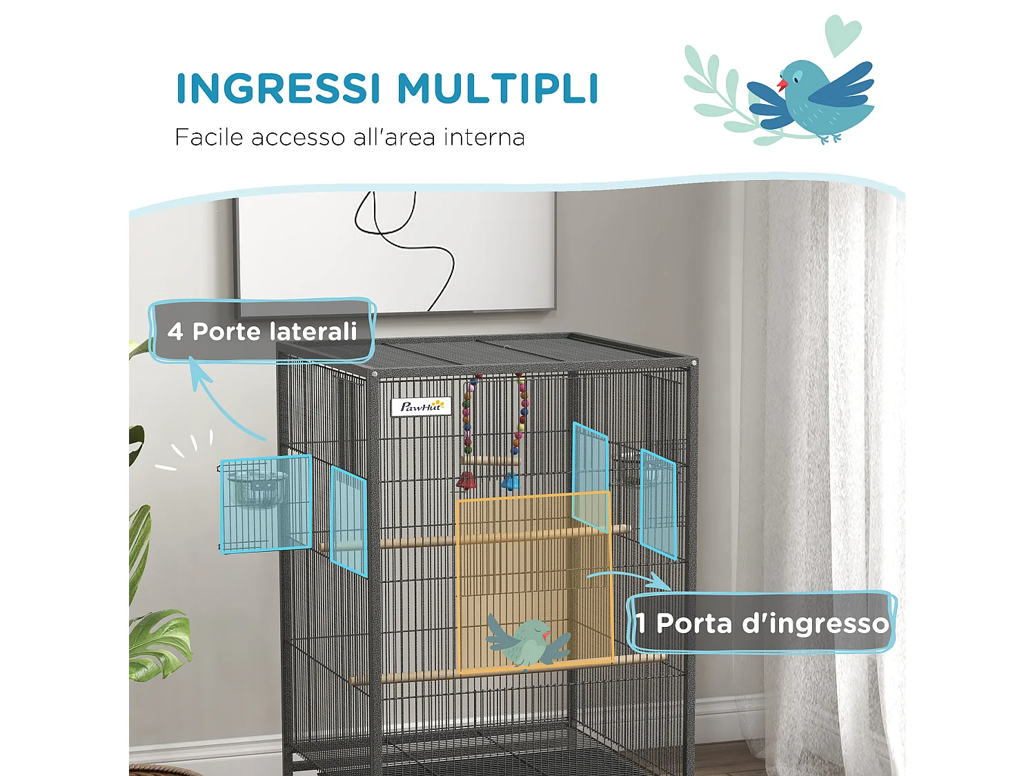 Gabbia per uccelli a 5 porte con posatoi altalena e vassoio estraibile