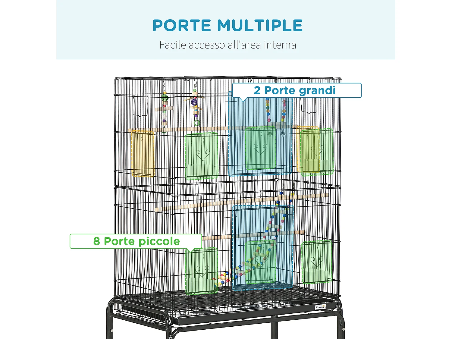 Gabbia per uccelli in acciaio con posatoi giocattoli e vassoio rimovibile