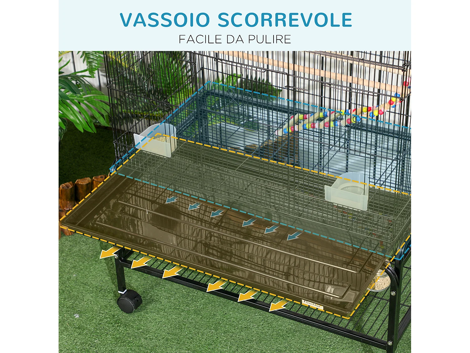 Gabbia per uccelli in acciaio con posatoi giocattoli e vassoio rimovibile
