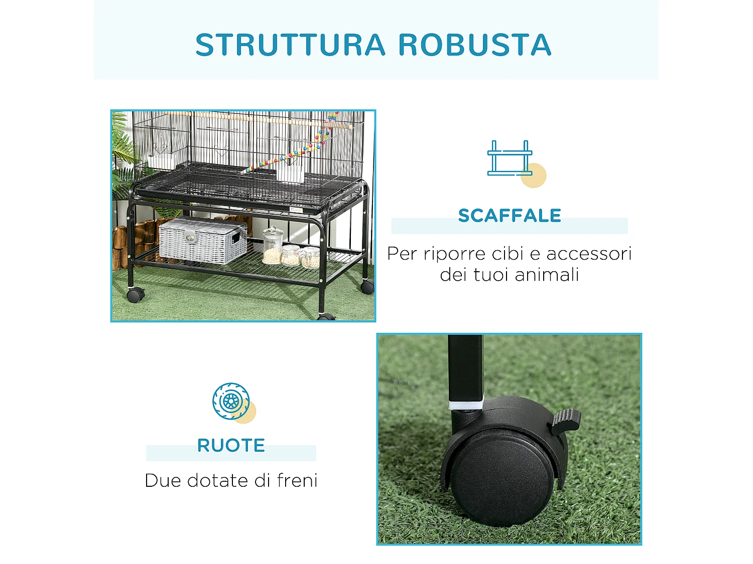 Gabbia per uccelli in acciaio con posatoi giocattoli e vassoio rimovibile