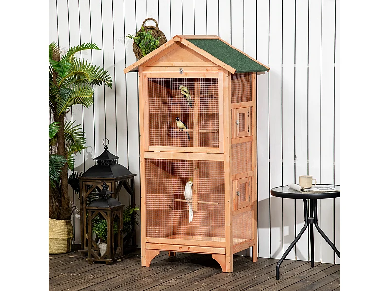 Gabbia per uccelli da esterno in legno con 3 aperture e 4 posatoi arancio