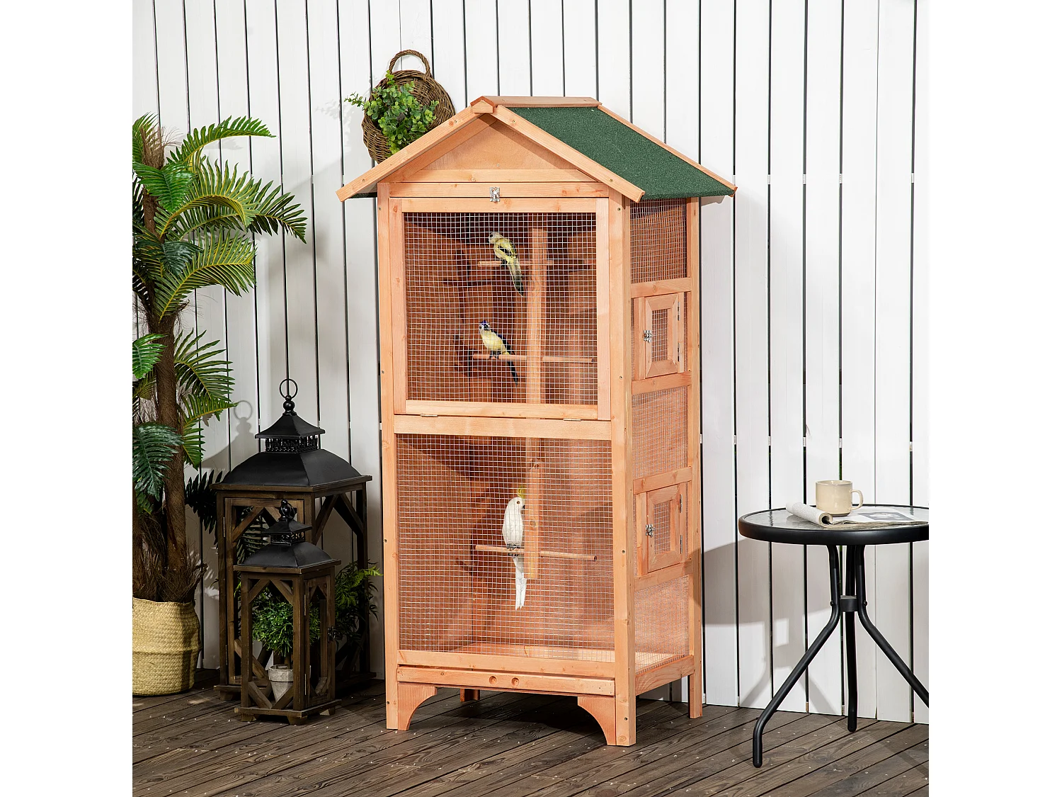 Gabbia per uccelli da esterno in legno con 3 aperture e 4 posatoi arancio