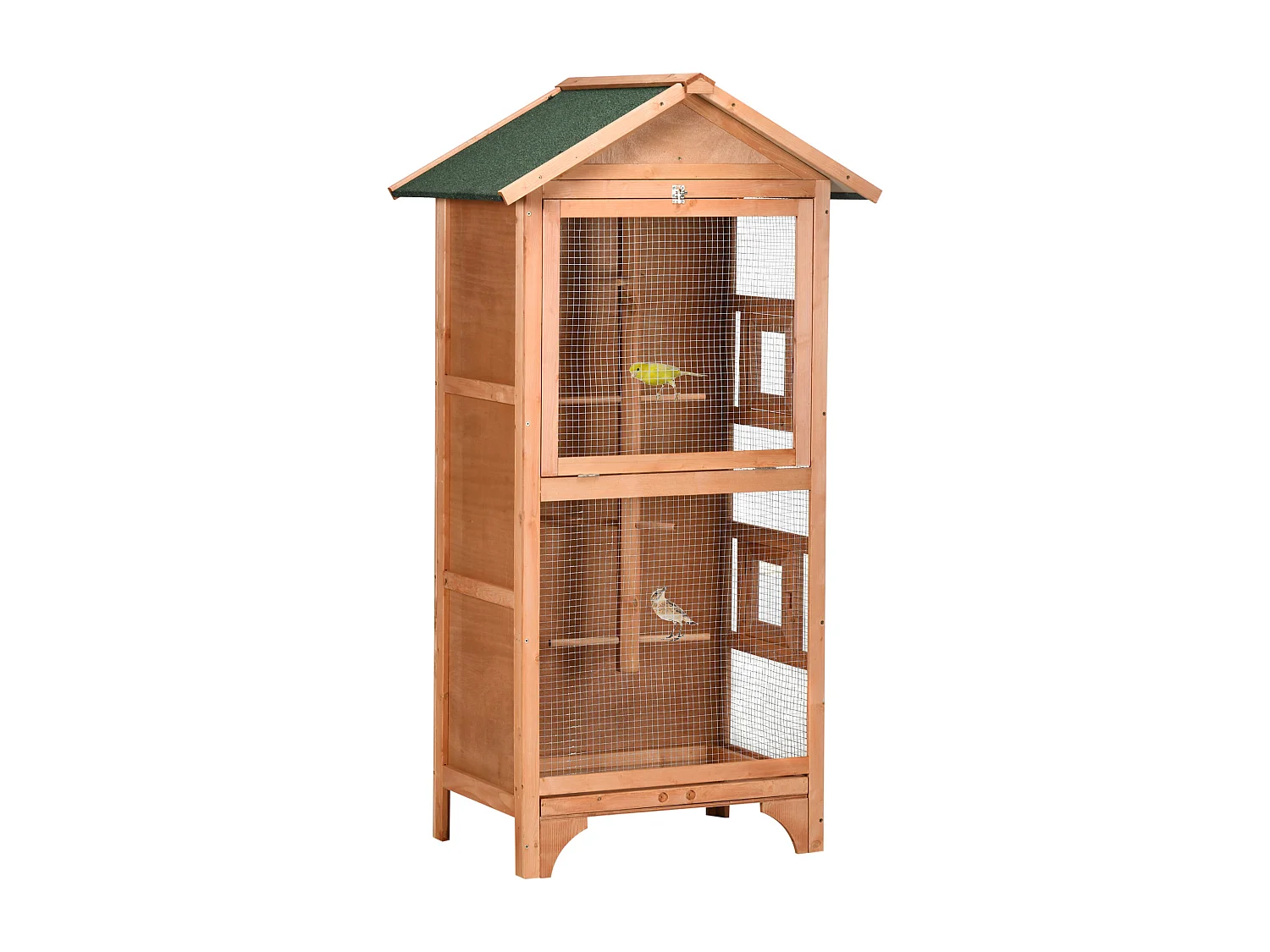 Gabbia per uccelli da esterno in legno con 3 aperture e 4 posatoi arancio