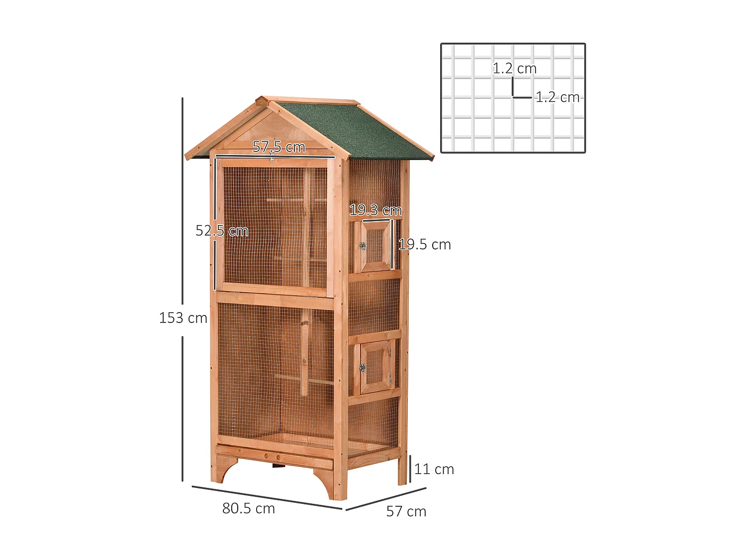 Gabbia per uccelli da esterno in legno con 3 aperture e 4 posatoi arancio