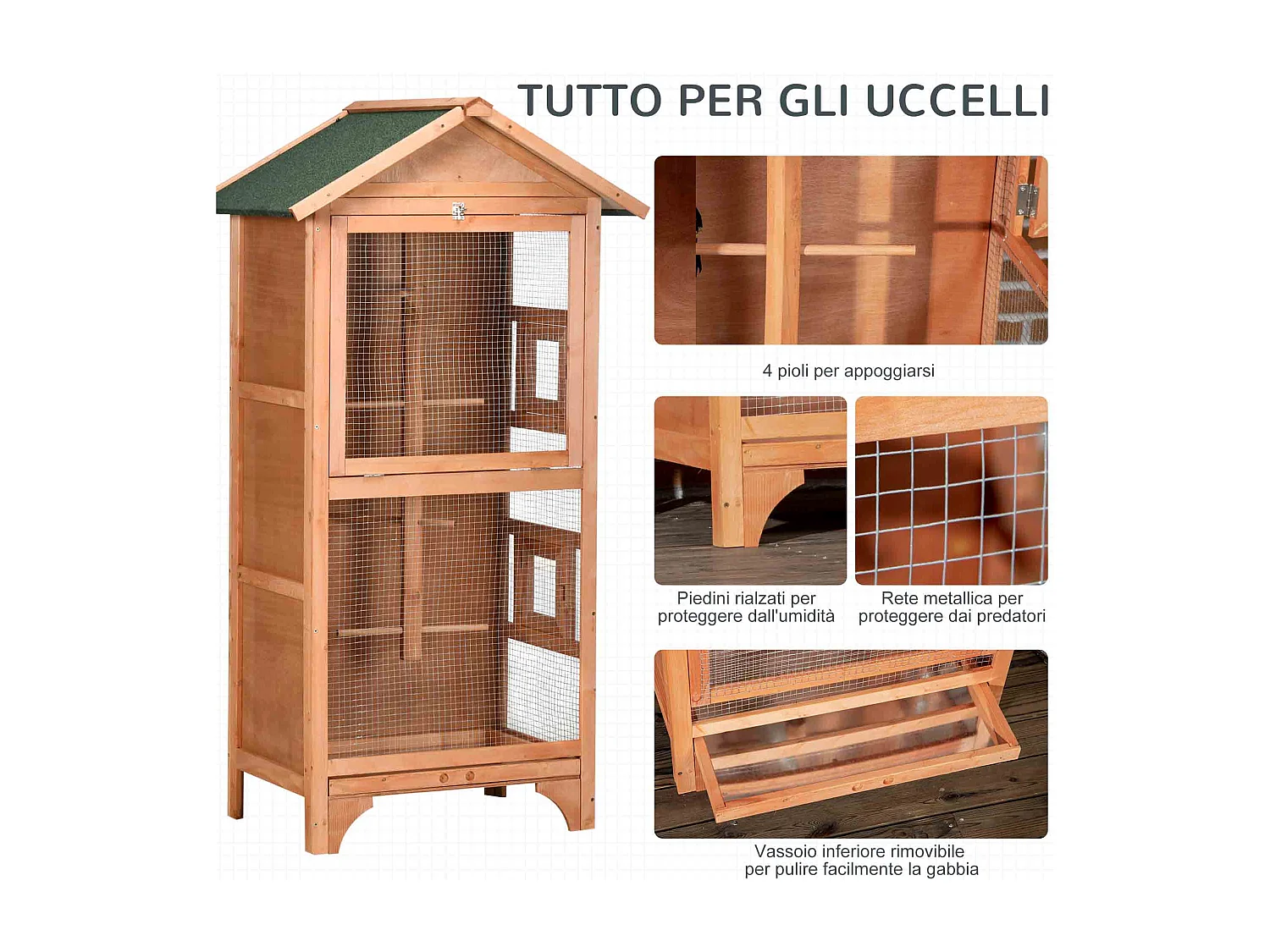 Gabbia per uccelli da esterno in legno con 3 aperture e 4 posatoi arancio