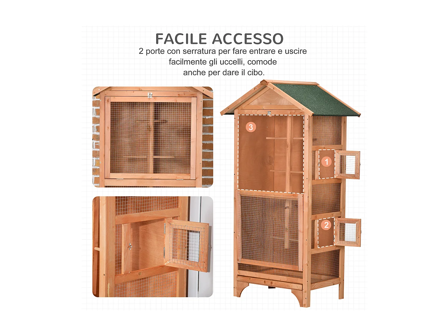 Gabbia per uccelli da esterno in legno con 3 aperture e 4 posatoi arancio