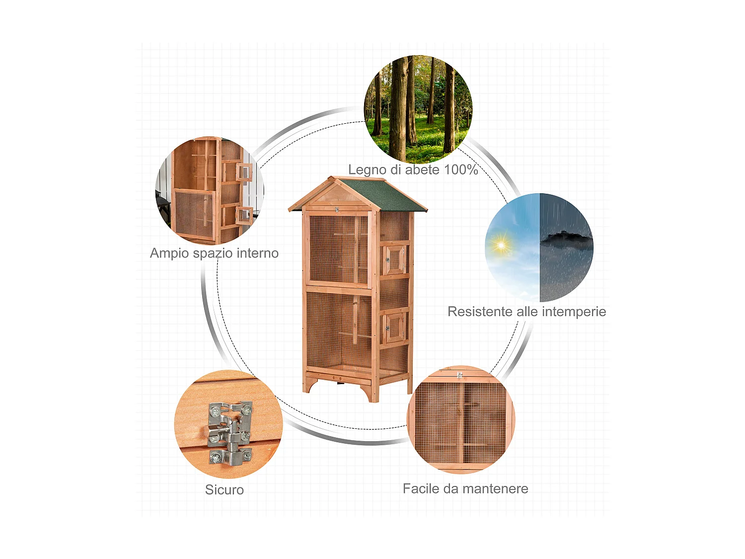 Gabbia per uccelli da esterno in legno con 3 aperture e 4 posatoi arancio