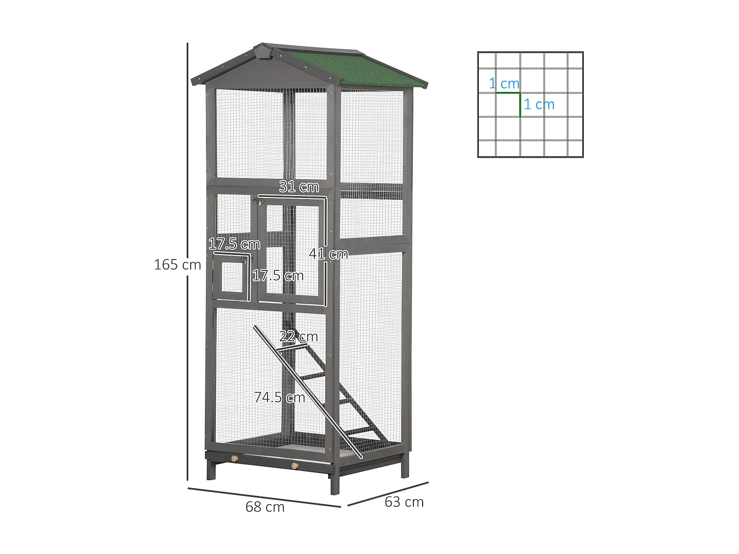 Gabbia per uccelli alta 165cm da esterno con vassoio estraibile grigio