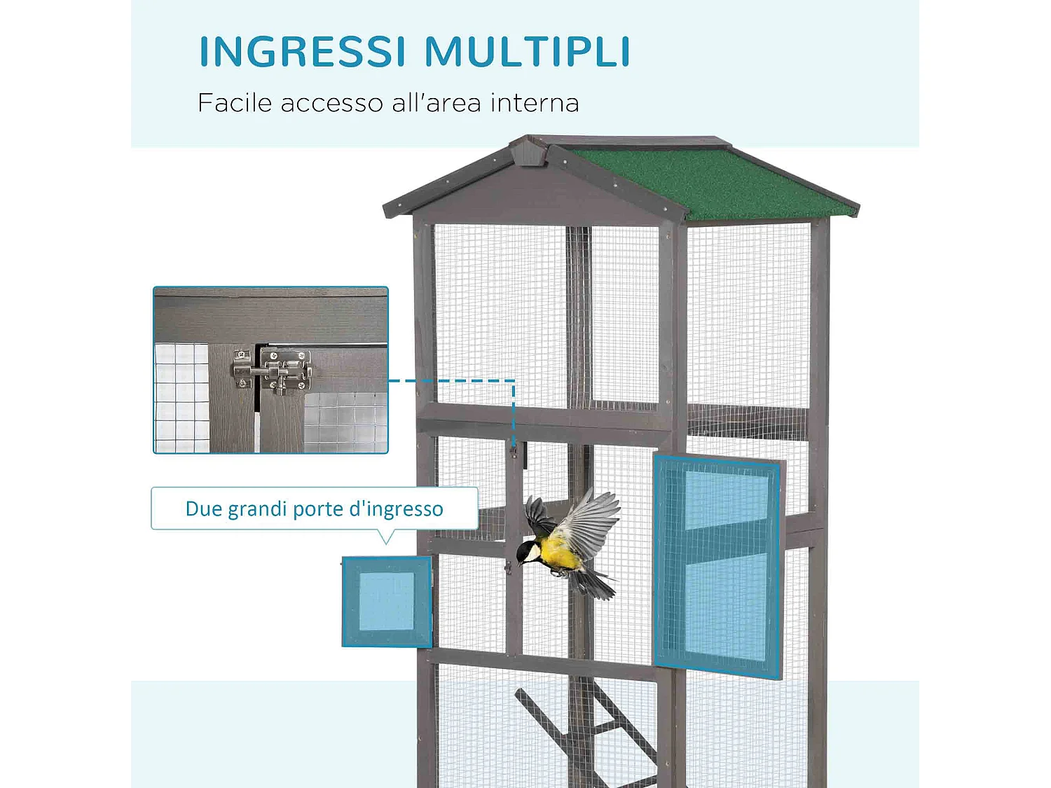 Gabbia per uccelli alta 165cm da esterno con vassoio estraibile grigio