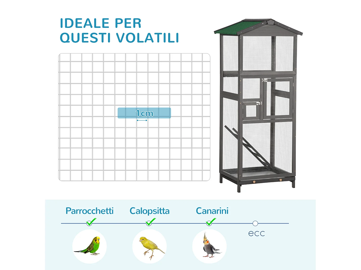 Gabbia per uccelli alta 165cm da esterno con vassoio estraibile grigio