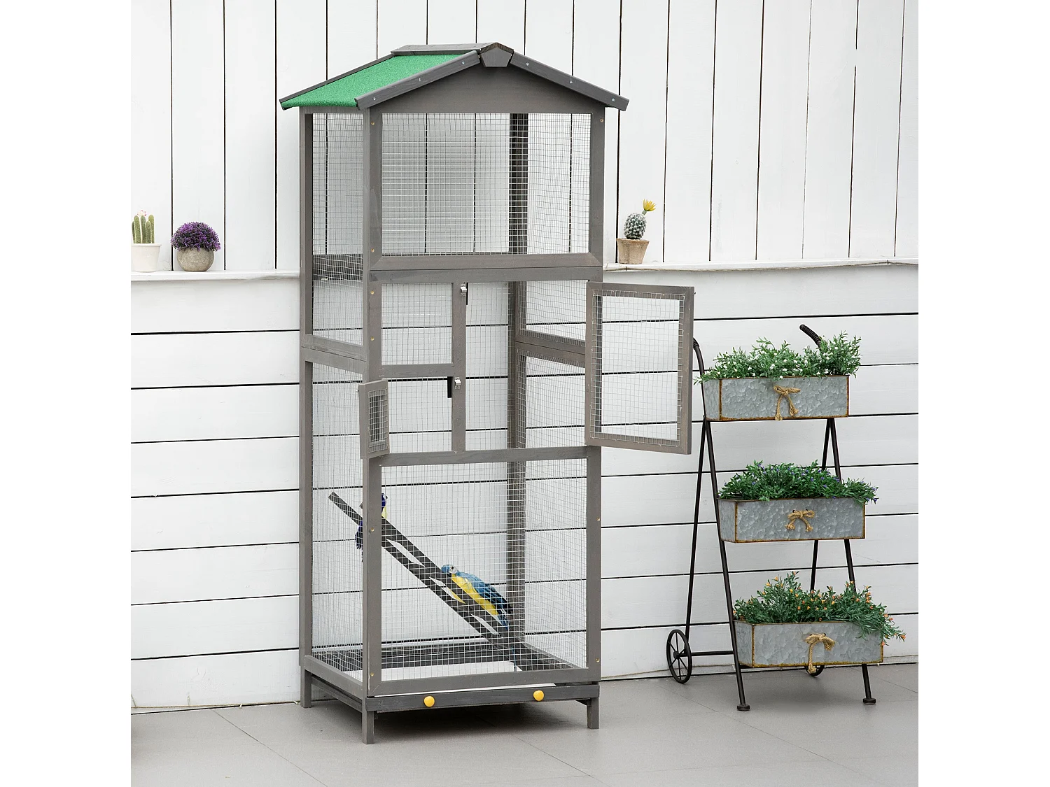 Gabbia per uccelli alta 165cm da esterno con vassoio estraibile grigio