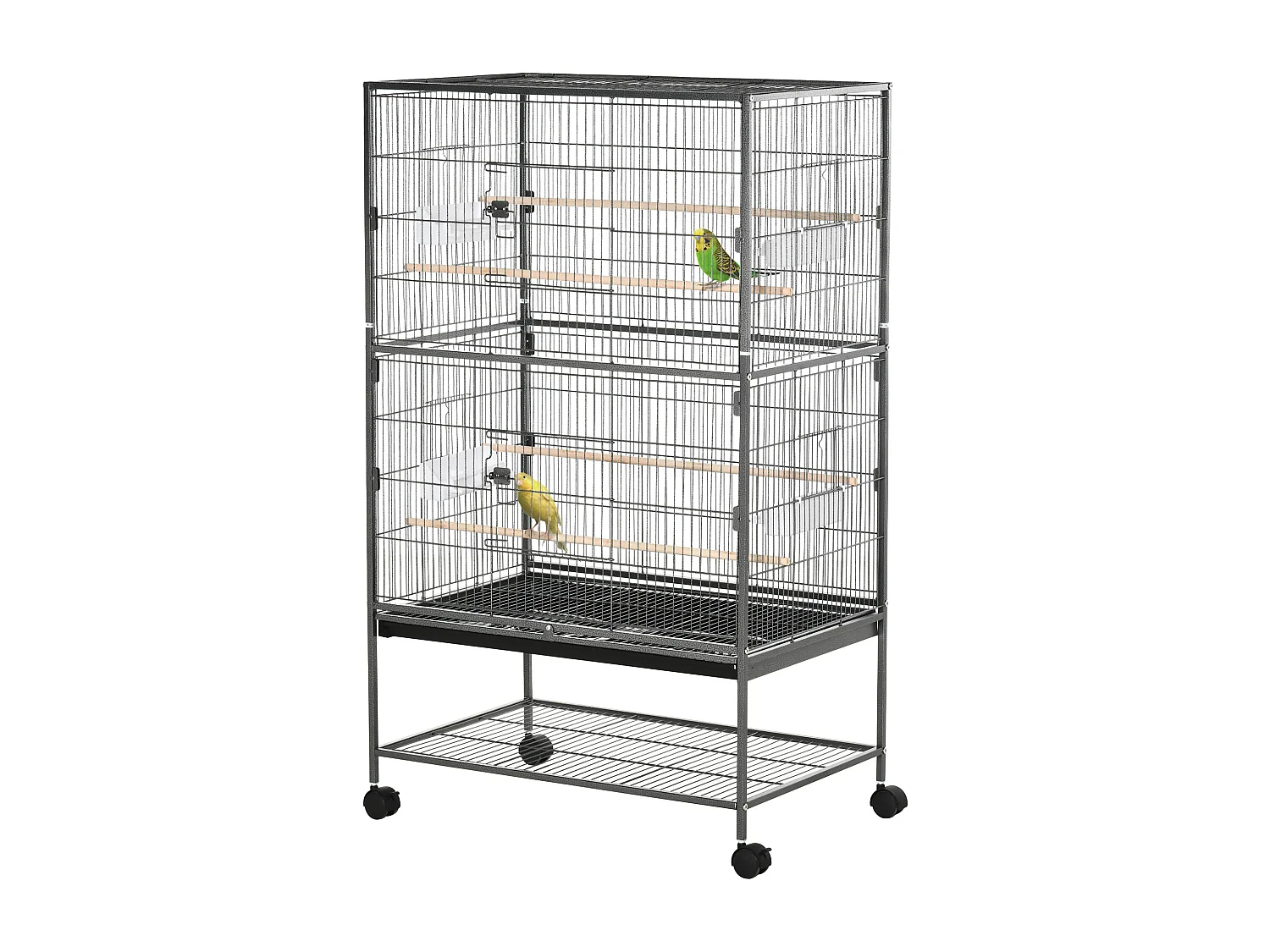 Gabbia per uccelli da interni in acciaio e legno a 4 ruote con vassoio
