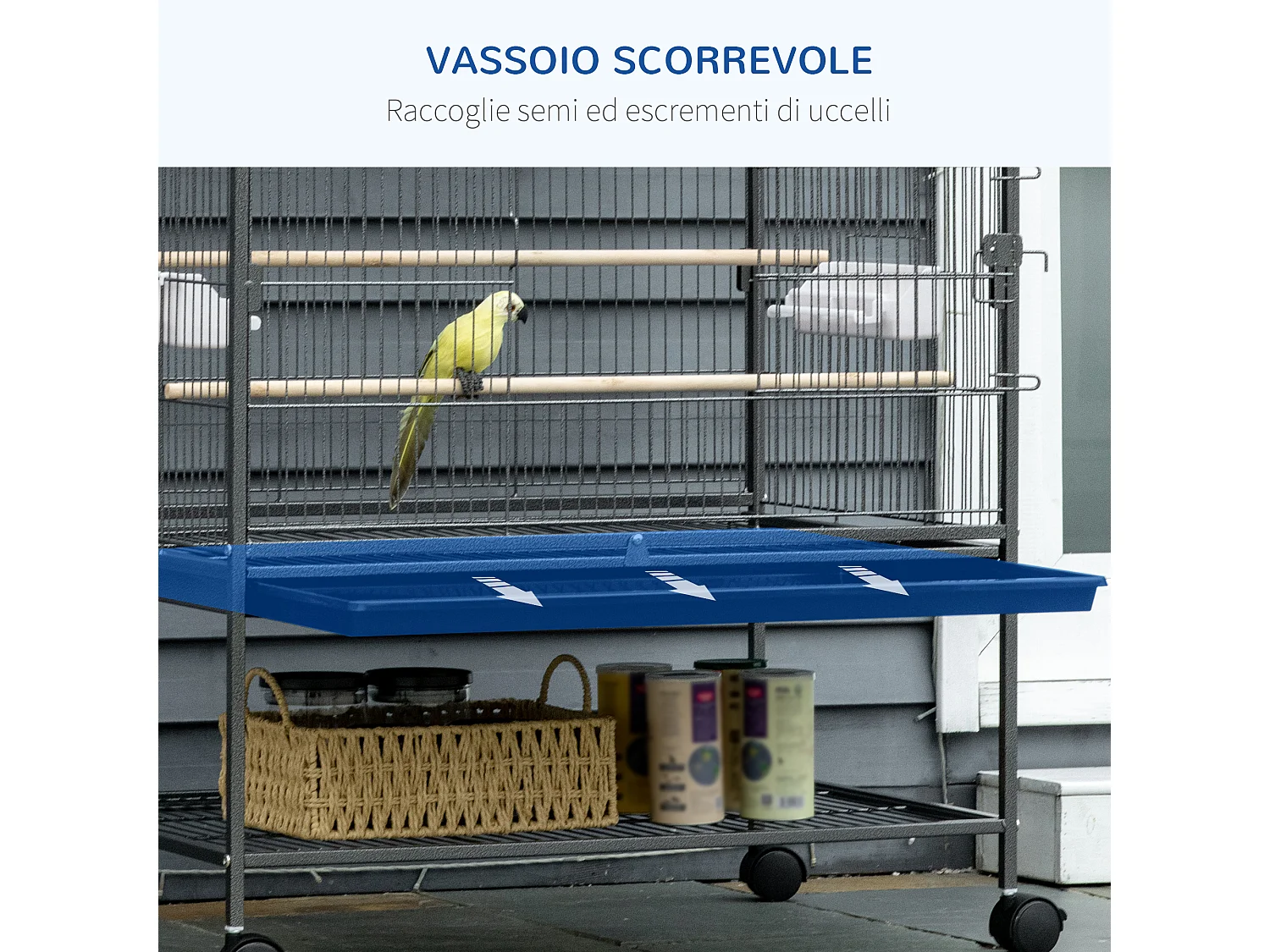 Gabbia per uccelli da interni in acciaio e legno a 4 ruote con vassoio