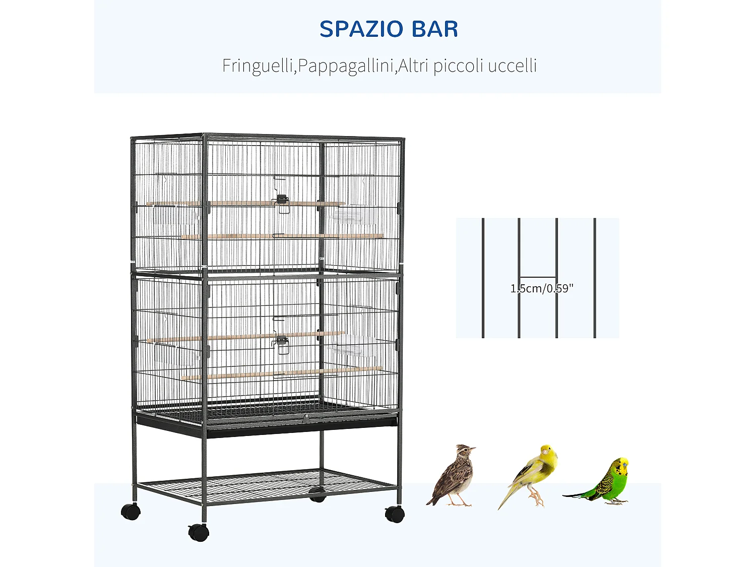 Gabbia per uccelli da interni in acciaio e legno a 4 ruote con vassoio