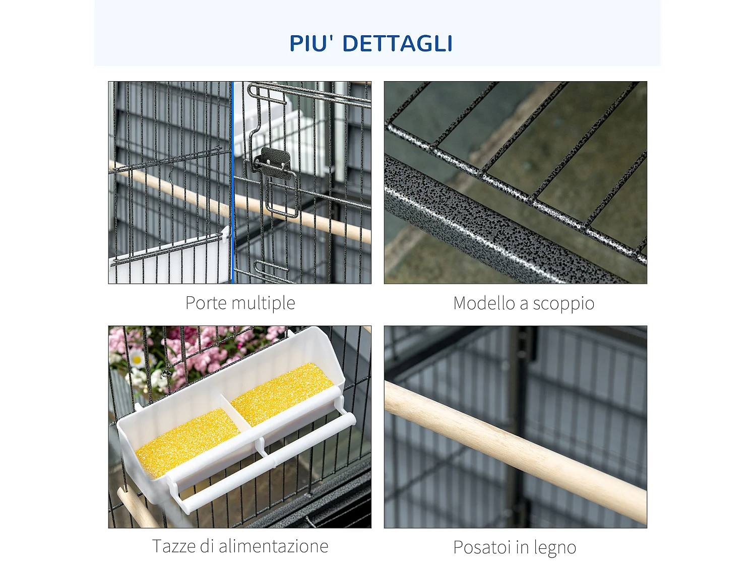 Gabbia per uccelli da interni in acciaio e legno a 4 ruote con vassoio