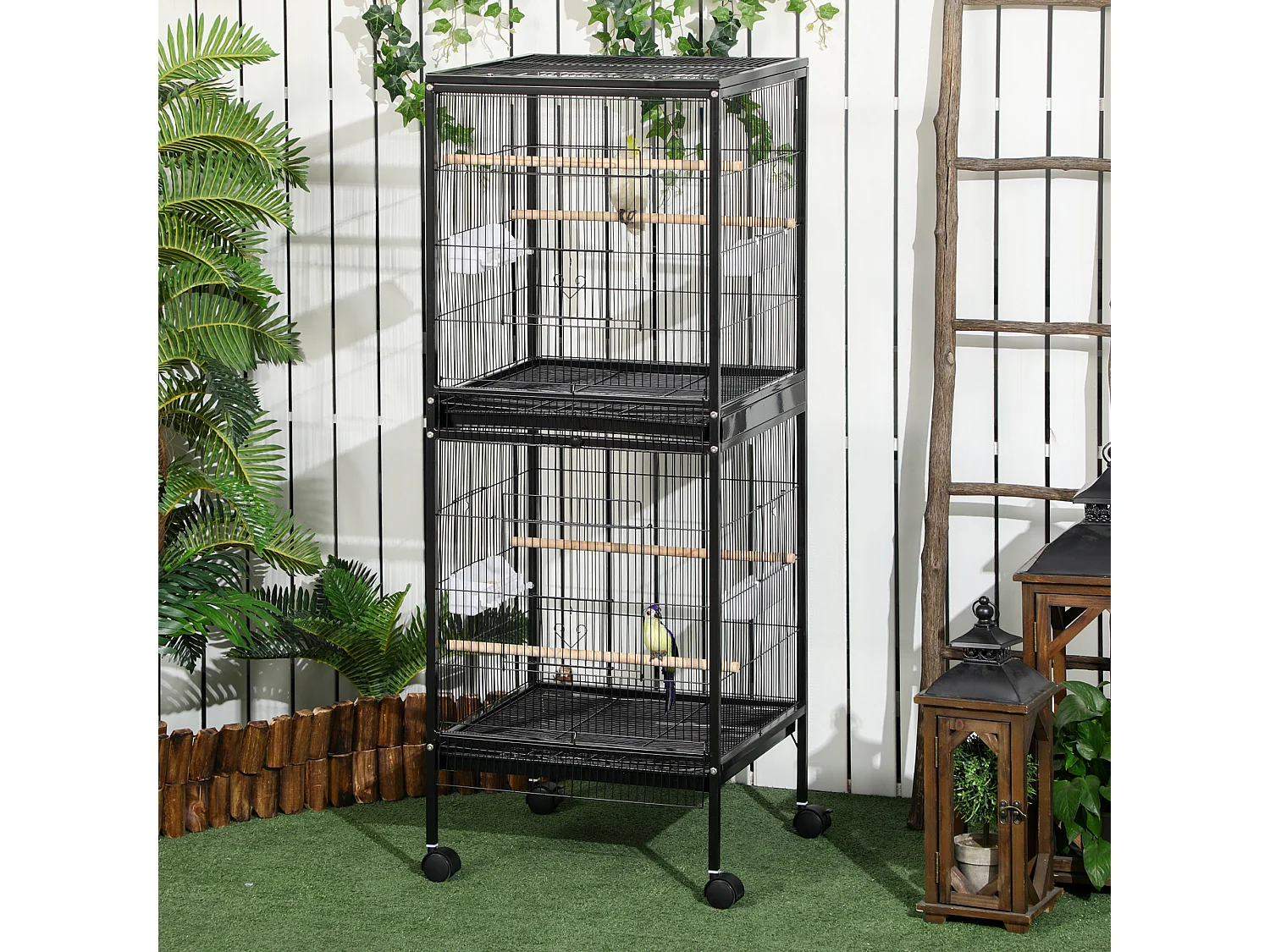 Gabbia voliera per uccelli 2 in 1 con ruote e vassoi estraibili nero
