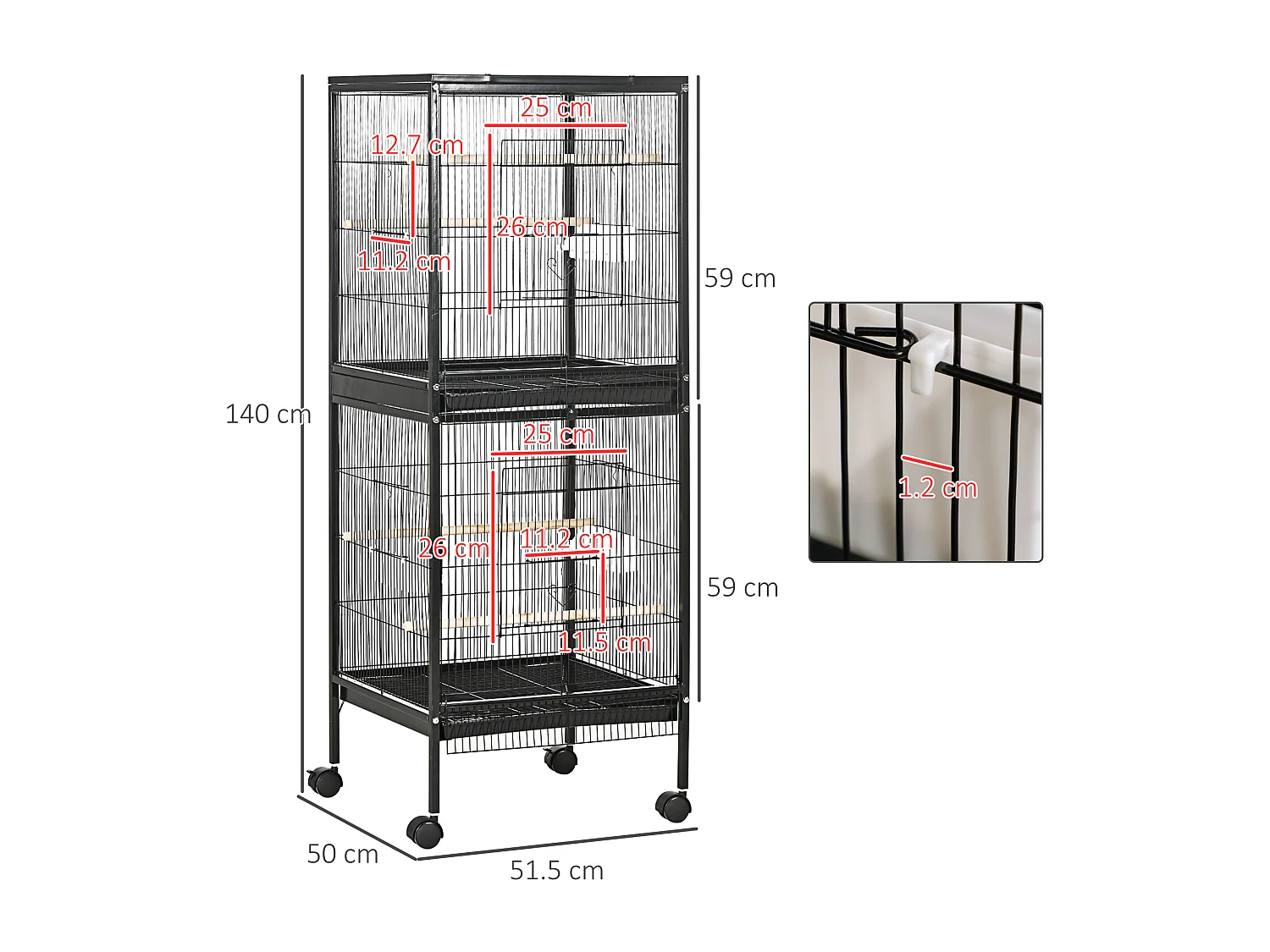 Gabbia voliera per uccelli 2 in 1 con ruote e vassoi estraibili nero