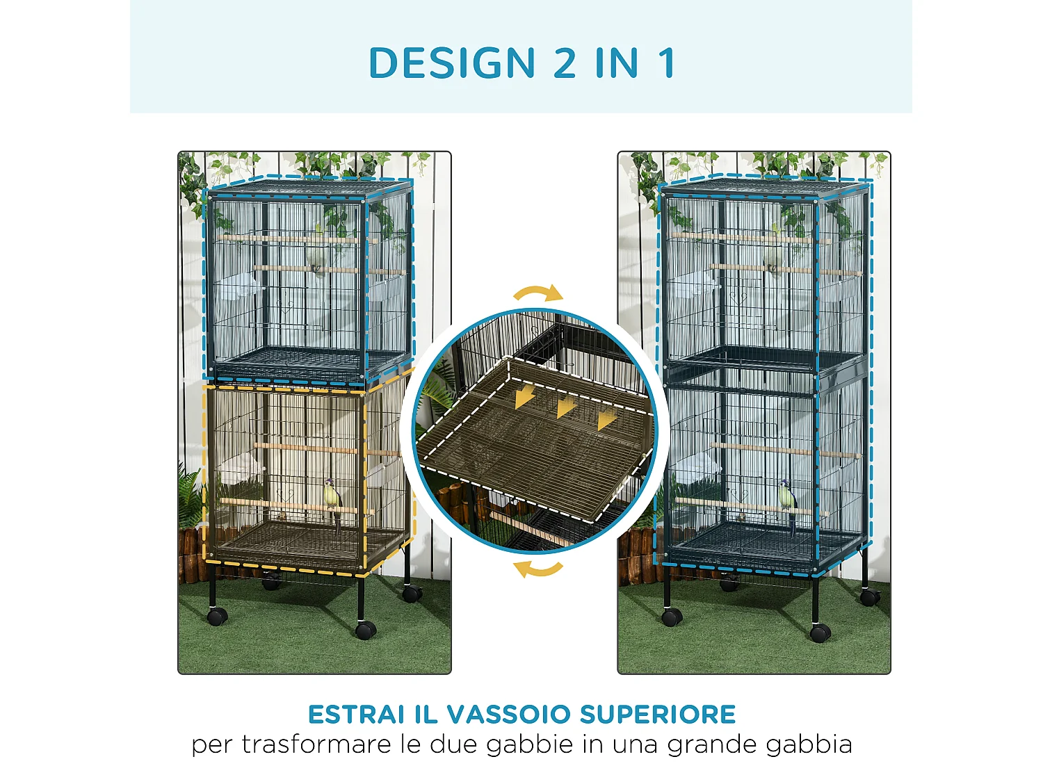 Gabbia voliera per uccelli 2 in 1 con ruote e vassoi estraibili nero