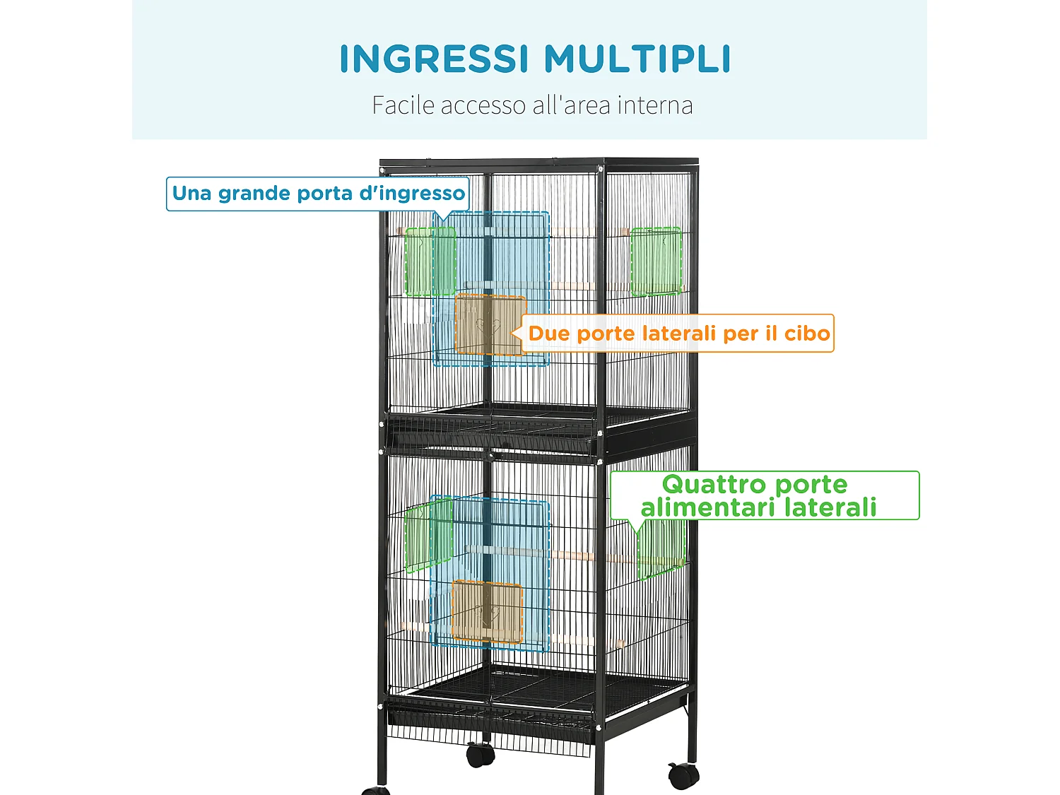 Gabbia voliera per uccelli 2 in 1 con ruote e vassoi estraibili nero